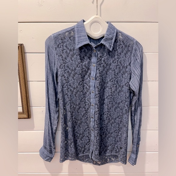 Lace & Chambray Button-Up Shirt – WILLIAM RAST Size M - Picture 1 of 9